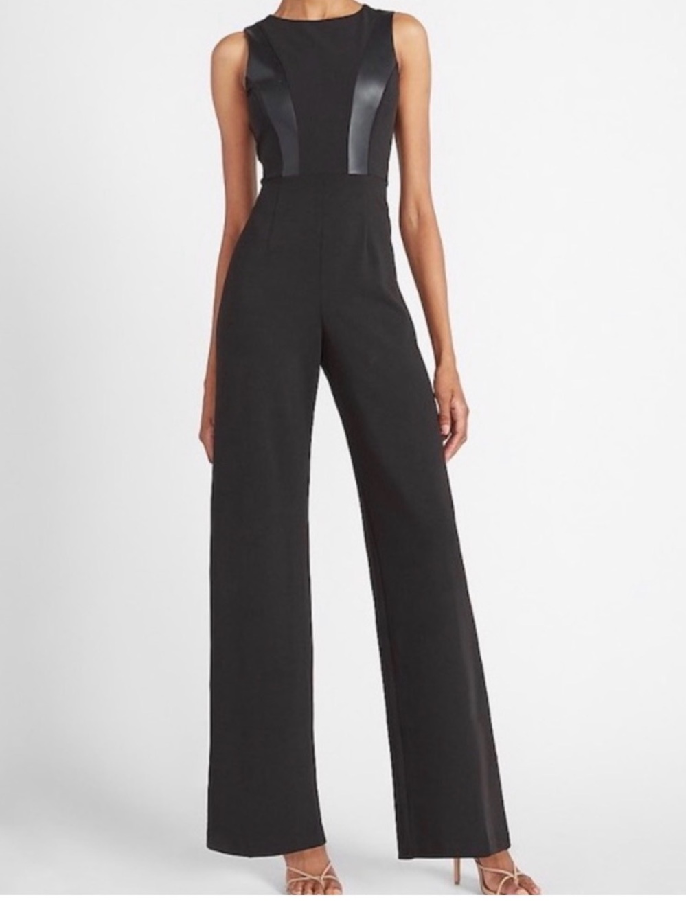 Express Black Sleeveless Wide-Leg Jumpsuit with Faux Leather Panels